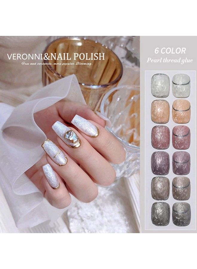 VERONNI Pearl Gel Nail Polish Kit 6Pcs Glitter Shell Thread Gel Nail Polish Soakoff Drawing Mermaid Gel Nail Polish Manicure Set Diy Design Nail Art(Pl6Pcs) - Image 3