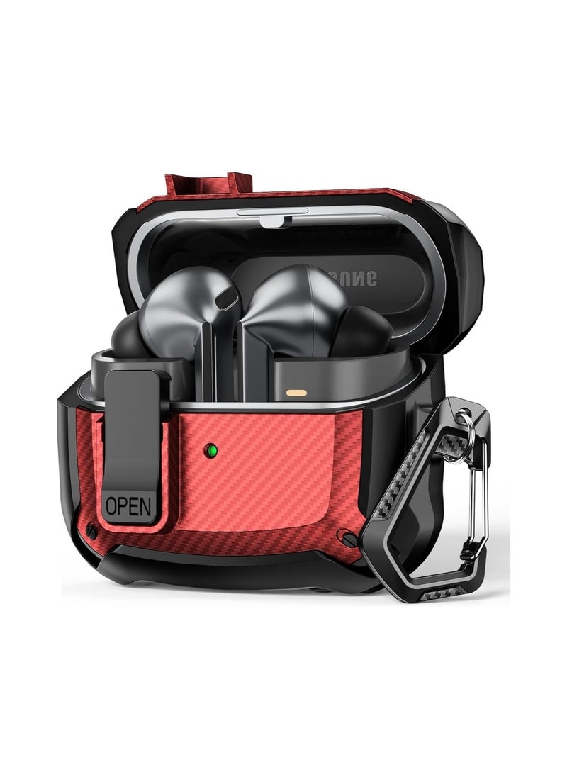 Generic - Galaxy Buds 3 Pro/Buds 3 2024 Case with Locking Clip, Shockproof Hard Protective Cover for Samsung Galaxy Buds 3/3 Pro with Carabiner for Men and Women, (Carbon Fiber Red) - Image 1