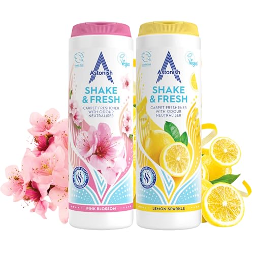 Astonish Shake Fresh Carpet Powder Bundle, 350g Pink Peony & 350 g Lemon Sparkle Odor Eliminator - Pet Safe Vacuum Deodorizer, Dual Scent Home Refresher, Floor Cleaner, Long Lasting Room Fragrance - Image 1