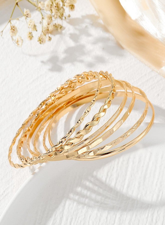 IFKM Gold Bangle Bracelets For Women, 14k Gold Plated Multi Layer Stackable Cuff Bracelet Set, Trendy Elegance Charms Non Tarnish Minimalist Textured Boho Jewelry Gift for Women - Image 5