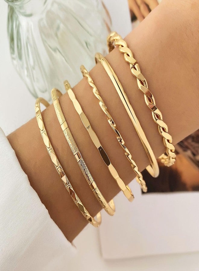 IFKM Gold Bangle Bracelets For Women, 14k Gold Plated Multi Layer Stackable Cuff Bracelet Set, Trendy Elegance Charms Non Tarnish Minimalist Textured Boho Jewelry Gift for Women - Image 3