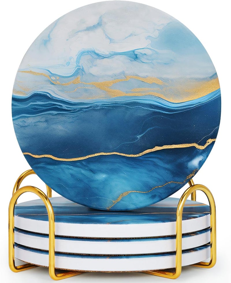 GOH DODD Coasters for Drinks Set of 4, Absorbent Marble Style Ceramic Coaster Set Tabletop Protection Home Decor with Metal Golden Holder for Coffee Table, Father‘s Day Gifts, Blue, Round, 4 Inches - Image 1