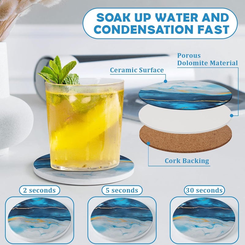 GOH DODD Coasters for Drinks Set of 4, Absorbent Marble Style Ceramic Coaster Set Tabletop Protection Home Decor with Metal Golden Holder for Coffee Table, Father‘s Day Gifts, Blue, Round, 4 Inches - Image 3