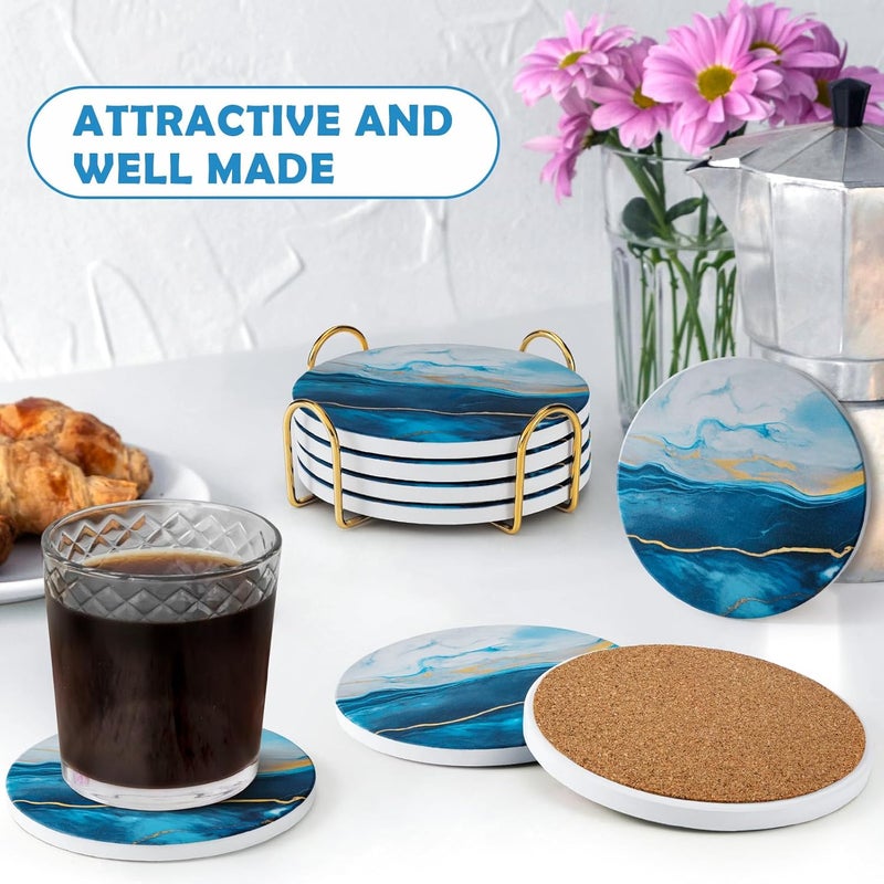 GOH DODD Coasters for Drinks Set of 4, Absorbent Marble Style Ceramic Coaster Set Tabletop Protection Home Decor with Metal Golden Holder for Coffee Table, Father‘s Day Gifts, Blue, Round, 4 Inches - Image 2