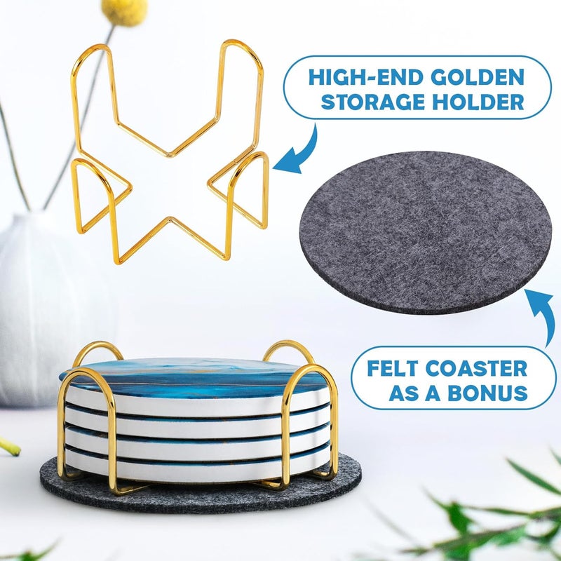 GOH DODD Coasters for Drinks Set of 4, Absorbent Marble Style Ceramic Coaster Set Tabletop Protection Home Decor with Metal Golden Holder for Coffee Table, Father‘s Day Gifts, Blue, Round, 4 Inches - Image 5