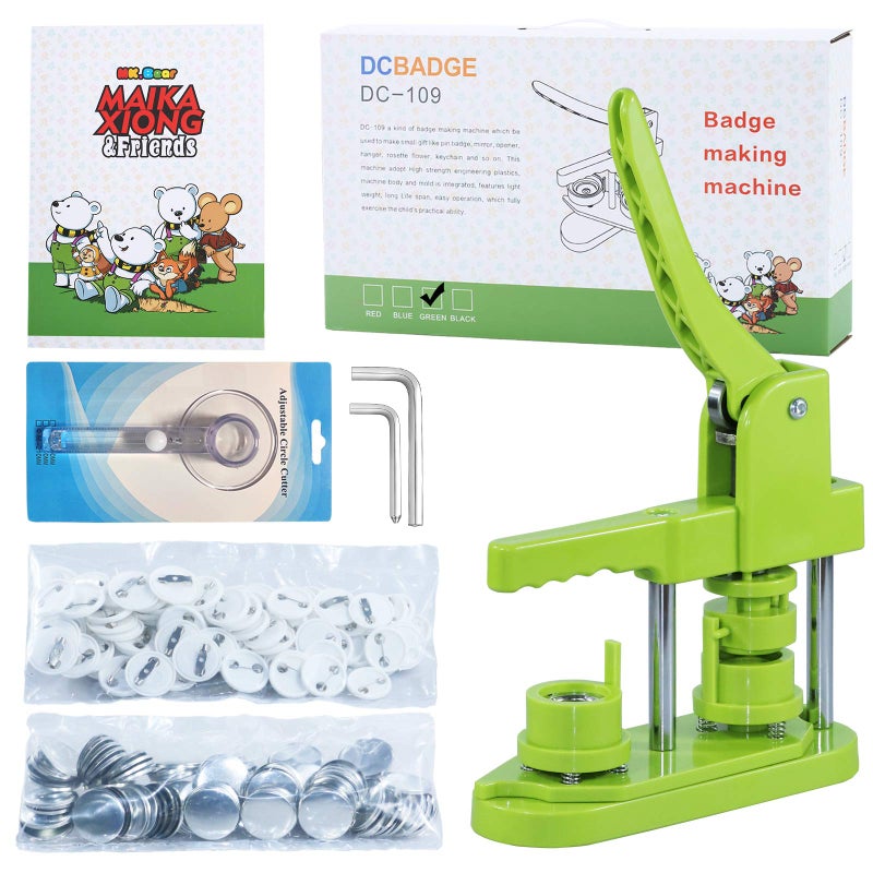 MKBear Button Maker Machine 25mm 1 in DIY Gift InstallationFree Pin Maker Machine Pin Badge Button Press Machine with Free 500pcs Button Parts100pcs PicturesCircle CutterMagic BookGreen