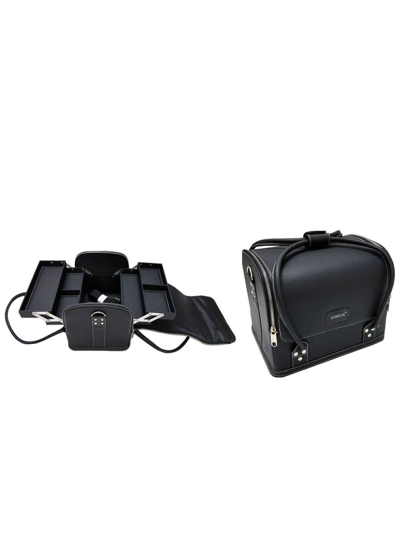 SUNRISE - Makeup Train Case with 4 Trays Shoulder Strap Black Crocodile Leatherette - Image 1