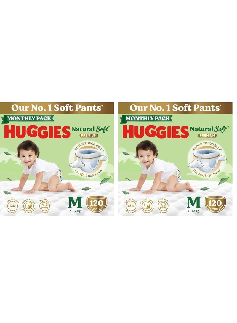 Huggies Natural Soft Premium Baby Diaper Pants, Our No.1 Soft Pants, Medium (M) Size (7-12 Kgs), Monthly Pack of 120*2 diapers | Cloud Softness All over with India's 1st Cloud Touch Belt - Image 1