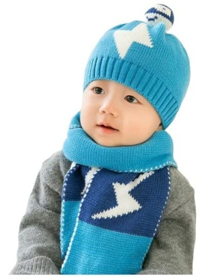 Dressify® Korean Style Woolen Cap for Babies Girls/Boys with Muffler (Rain Lightning Symbol), Baby Shower Gift (1 Years - 2 Years/Head Circumference 46-50cm) - Sky Blue - Image 1