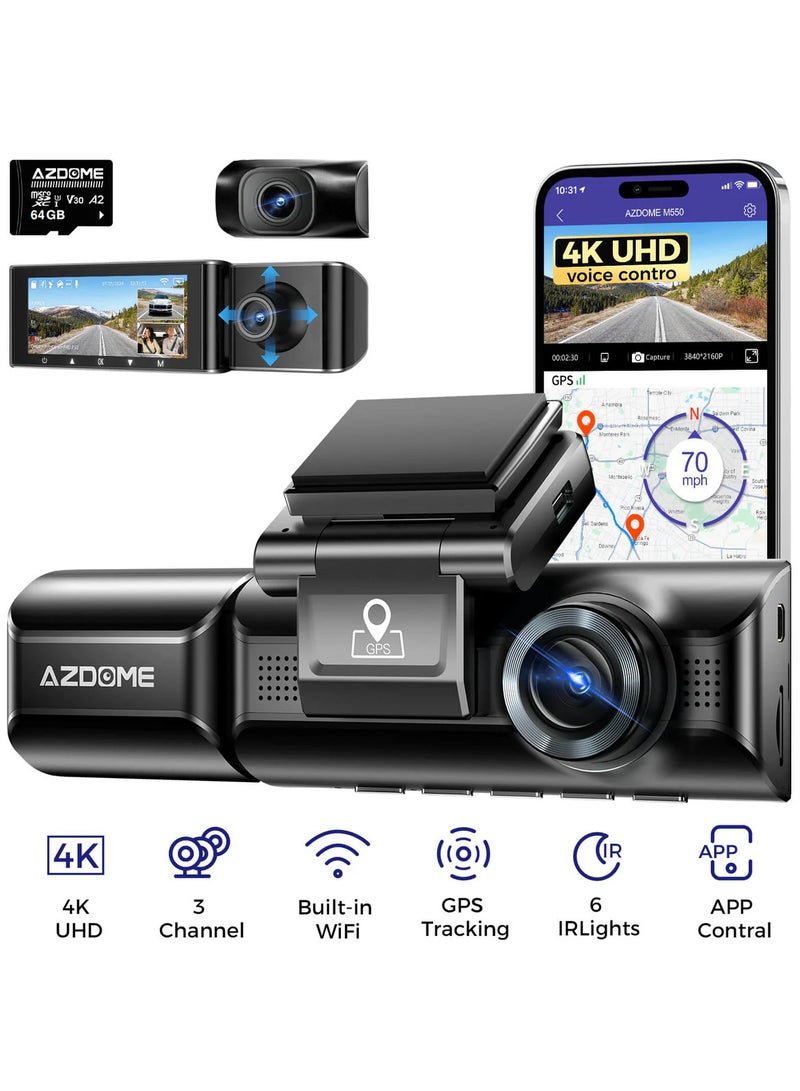 أزدوم كاميرا داش AZDOME M550 بثلاث عدسات، 4K Ultra HD أمامية، 2.5K خلفية، 1080P داخلية – واي فاي مدمج ونظام تحديد المواقع، رؤية ليلية، تسجيل موقف لمدة 24 ساعة، تتضمن بطاقة سعة 64 جيجابايت - Image 1