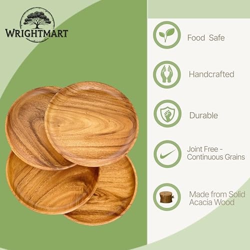 WRIGHTMART Acacia Wooden Plates – Set of 4, 8” Round Rustic Side Dish & Dessert Plates, Handcrafted Natural Tableware for Appetizers, Snacks, Dining, or Gift - Image 3
