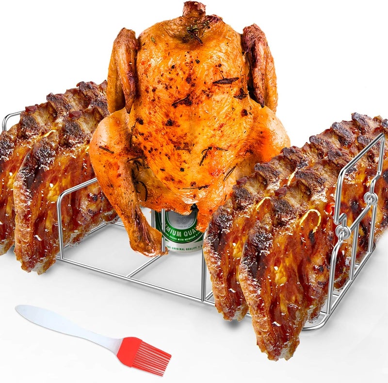 RUSFOL Beercan Chicken Roaster and Rib Rack with a Silicone Oil Brush, Rectangle BBQ Stand for Smoker,Oven and Grill, Hold Up to a Whole Chicken and 4 Ribs at a time - Image 1