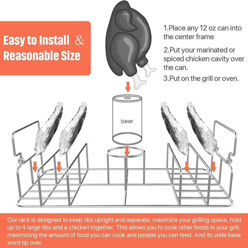 RUSFOL Beercan Chicken Roaster and Rib Rack with a Silicone Oil Brush, Rectangle BBQ Stand for Smoker,Oven and Grill, Hold Up to a Whole Chicken and 4 Ribs at a time - Image 4