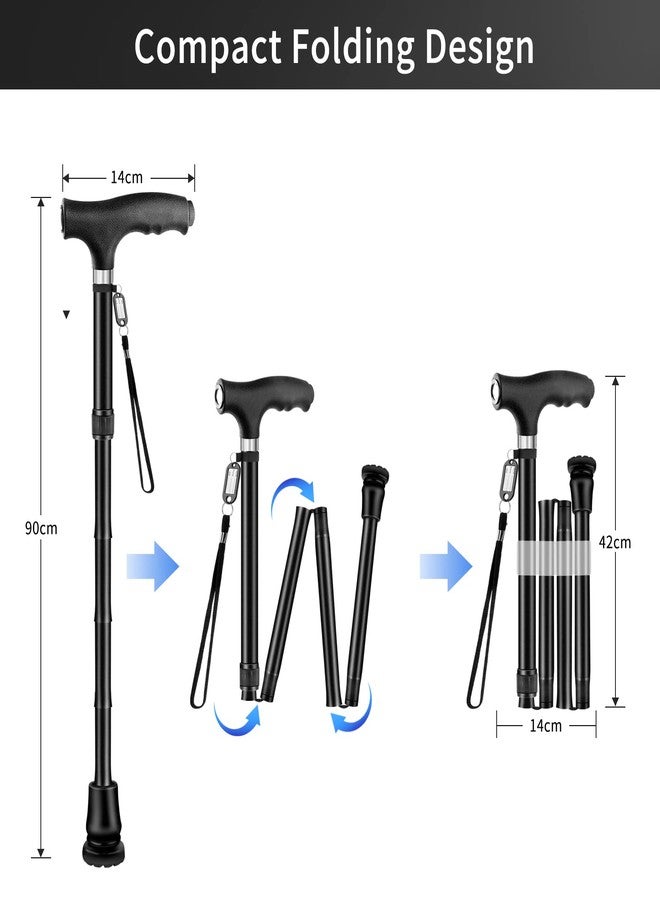 OOCOME Folding Walking Stick with Light, Foldable Walking Sticks for Men & Women Seniors Walking Aids Collapsible Walking Cane with Non-Slip Base Adjustable Height 77cm-90cm, Black - Image 2