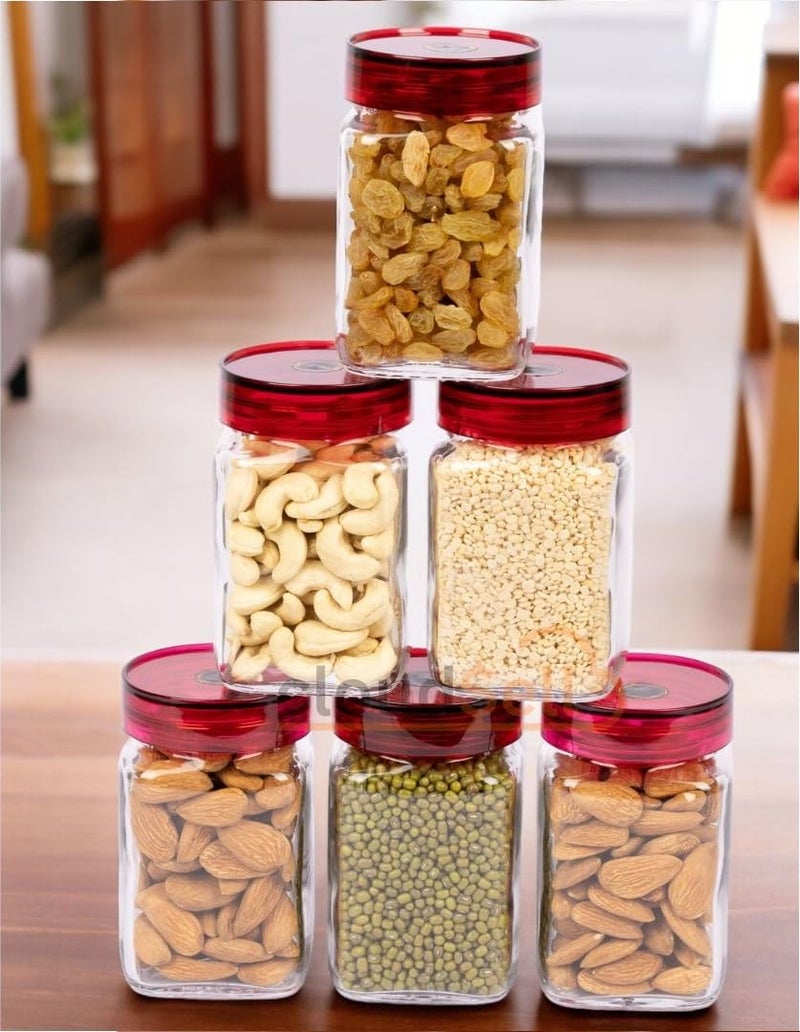 ZEYFLEEB Kitchen Storage Jars 300ml Glass Food Storage Containers with Airtight Plastic Lid Round Kitchen Dispenser for Spice Sauce Pickle Cereal Cookie 6 Square - Image 1