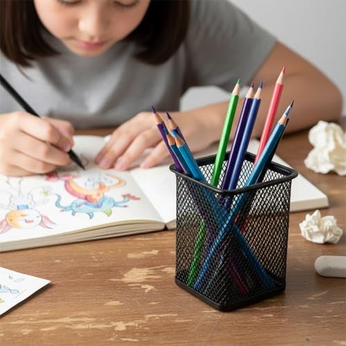 Shuban Metal Mesh Pencil Holder Square Pen Cups For Desk Organizer Classroom Organization Pencil Holders Wire Makeup Brush Holders For Desk Office Supplies -4Pcs,Black - Image 5