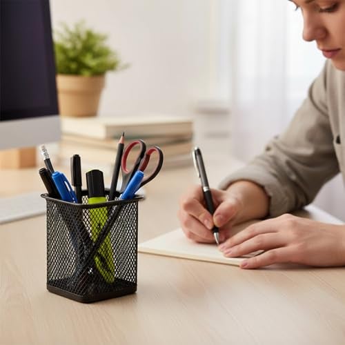 Shuban Metal Mesh Pencil Holder Square Pen Cups For Desk Organizer Classroom Organization Pencil Holders Wire Makeup Brush Holders For Desk Office Supplies -4Pcs,Black - Image 3