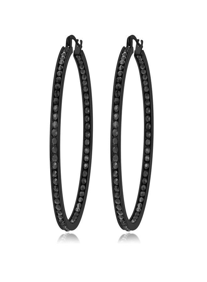 CiNily Black Gold Plated Stainless Steel Hoop Earrings for Women All Black Cubic Zirconia Big Hoop Earrings 2" 50 mm - Image 1