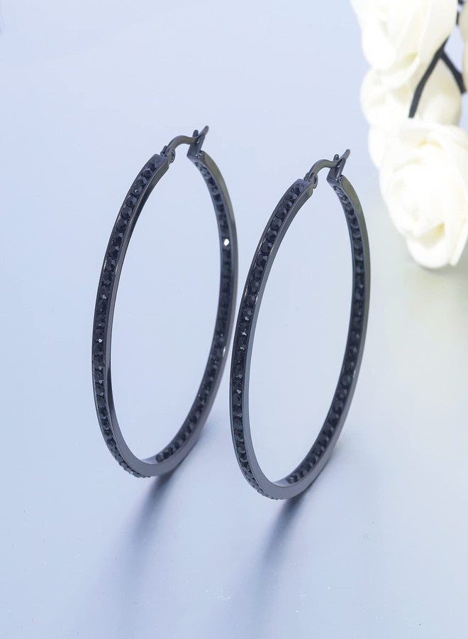 CiNily Black Gold Plated Stainless Steel Hoop Earrings for Women All Black Cubic Zirconia Big Hoop Earrings 2" 50 mm - Image 4