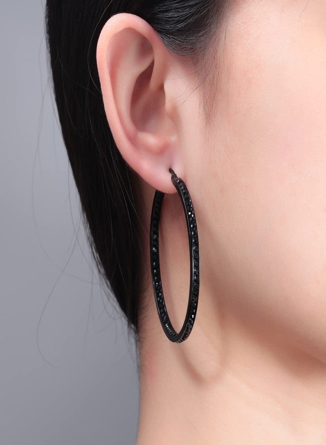 CiNily Black Gold Plated Stainless Steel Hoop Earrings for Women All Black Cubic Zirconia Big Hoop Earrings 2" 50 mm - Image 3
