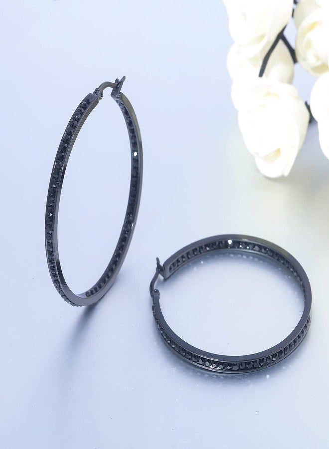 CiNily Black Gold Plated Stainless Steel Hoop Earrings for Women All Black Cubic Zirconia Big Hoop Earrings 2" 50 mm - Image 5