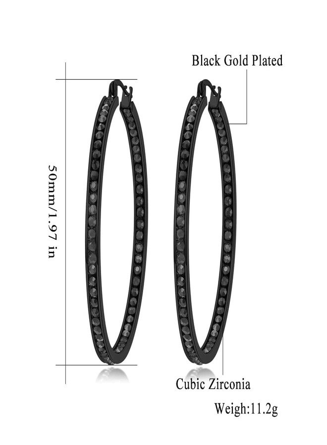CiNily Black Gold Plated Stainless Steel Hoop Earrings for Women All Black Cubic Zirconia Big Hoop Earrings 2" 50 mm - Image 2