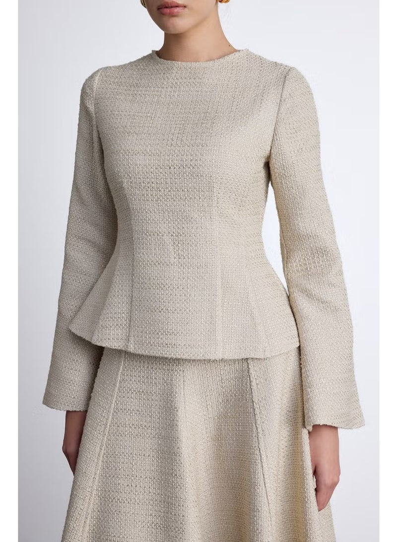 Manuka Peplum Detailed Tweed Blouse Beige - Image 3