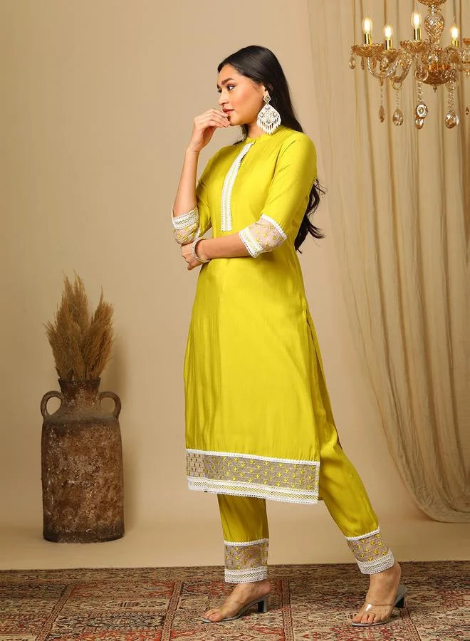 globus Globus Yellow Embroidered Sequin Lace Detail Kurta and Pants Set