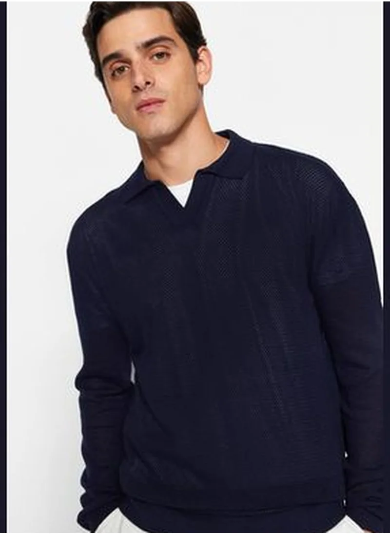 trendyol Men's Navy Blue Regular Fit Polo Neck Crochet Detailed Cotton Knitwear Sweater.