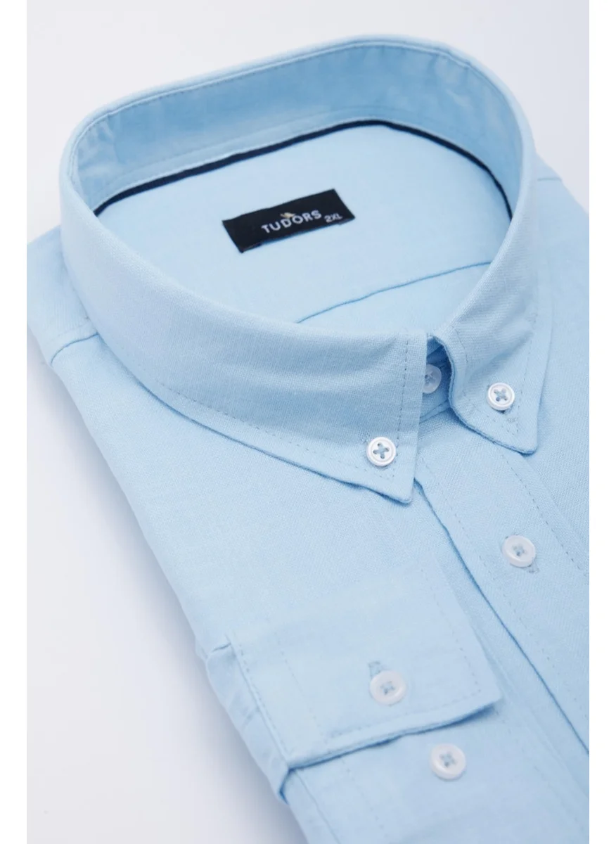 Tudors Large Size Long Sleeve Oversize Button Collar Cotton Linen Texture Plain Summer Blue Men's Shirt