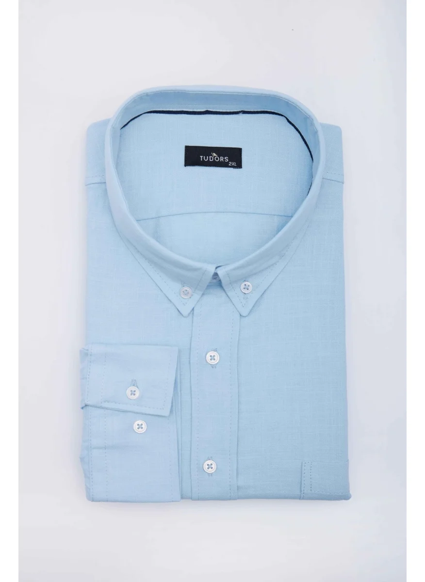 Tudors Large Size Long Sleeve Oversize Button Collar Cotton Linen Texture Plain Summer Blue Men's Shirt