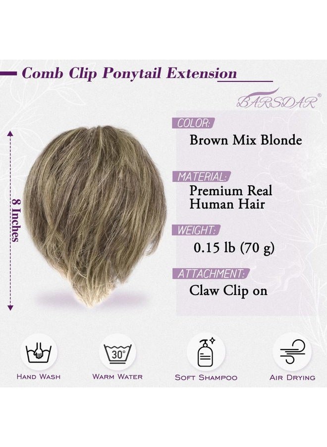 BARSDAR Short Ponytail Hairpiece with Claws Clips and Flexible Wires, DIY 20 cm Real Human Hair Brown Mix Blonde Messy Bun Hairpieces for Women Thick Natural Real Hair Ponytail - Image 2