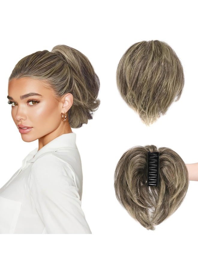 BARSDAR Short Ponytail Hairpiece with Claws Clips and Flexible Wires, DIY 20 cm Real Human Hair Brown Mix Blonde Messy Bun Hairpieces for Women Thick Natural Real Hair Ponytail - Image 1