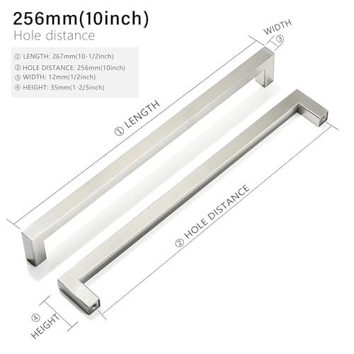 Redunest Cabinet Pulls Brushed Nickel Cabinet Handles Square Drawer Pulls 5 Pack 10 Inch Stainless Steel Kitchen Door Cupboard Cabinet Handles Cabinet Hardware Drawer Handles 256mm Hole Centers - Image 3