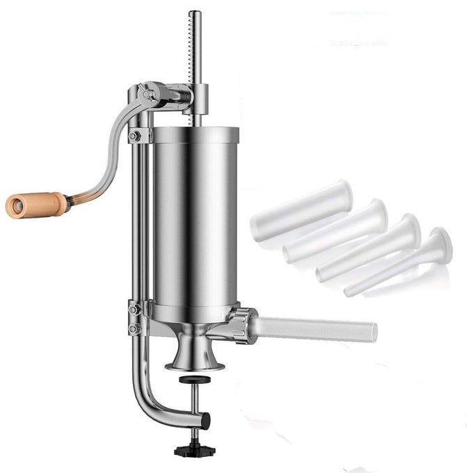 SAUSAGE FILLER STUFFER HOME MADE MACHINE STAINLESS STEEL VERTICAL SAUSAGE MAKER WITH SUCTION BASE AND MANUAL CRANK FOR HOUSEHOLD USE OR COMMERCIAL CAPACITY 25 LBS 1