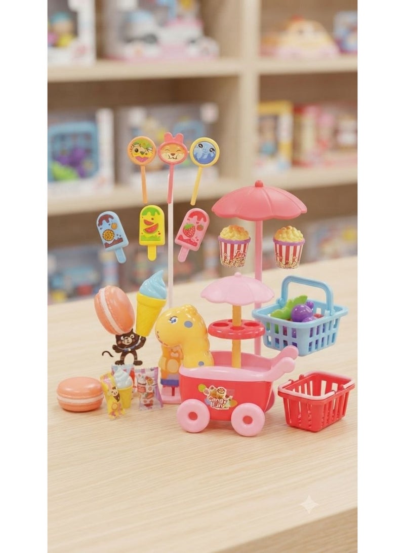 مجموعة ألعاب عربة الحلوى والآيس كريم (Candy & Ice Cream Cart Playset) المصممة بألوان مبهجة وتفاصيل لطيفة لتمنح طفلك تجربة لعب محاكاة مسلية ومبتكرة!