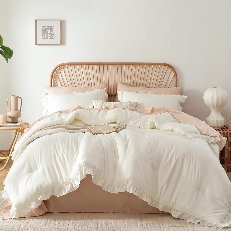 JANZAA Twin Comforter Set Creamy White Ruffle Comforter with 1 Pillowcase Soft Twin Size Bed Set Vintage Farmhouse Bed Comforter Set Fluffy Shabby Chic Bedding for All Season - Image 1