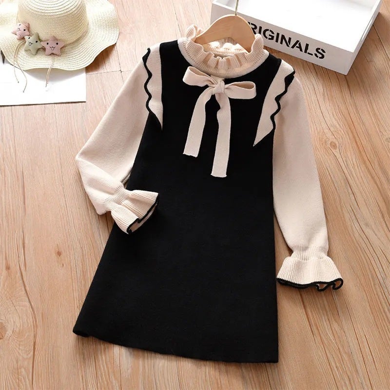 Girls knitted dress spring clothes fashionable new style little girl autumn and winter medium and big childrens knitted early spring sweater dress Black
