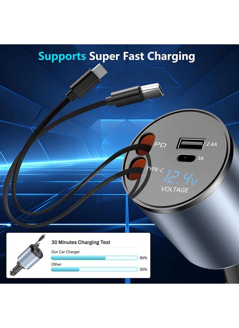 EzzySo 12/24V 120W Fast Car Charger with Retractable Charging Cable Fast Car Power Adapter PD20W for iPhone Type C 40W Car Bluetooth USB Charger Plug with iPhone,Samsung,Galaxy,Huawei,Xiaomi - Image 2