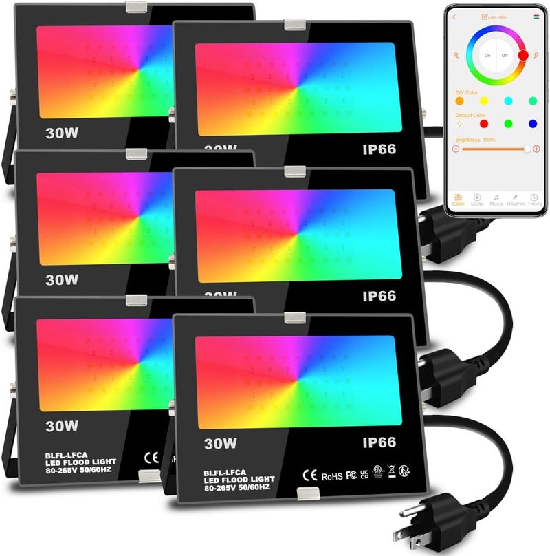 MELPO Led Flood Light 30W, 300W Equivalent 3000 LM Outdoor Color Changing Led Stage Landscape Lights, Bluetooth RGBW Smart Floodlights 2700K & 16 Million Colors&Timing& Music Sync, IP66，US 3-Plug (6 Pack) - Image 1