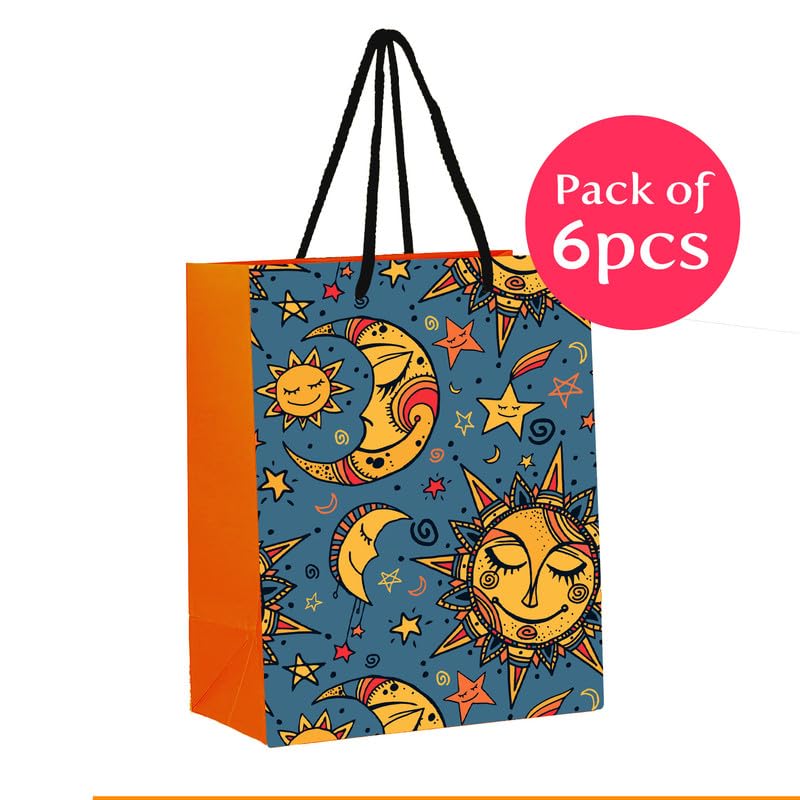 PaperPep Blue Yellow Sun Moon PrintGift Paper Bags | Small (9"X7"X4" inches) | Attached gift tags, Ideal for Return Gifts, Weddings, Birthday & Celebrations | Pack of 6 - Image 2