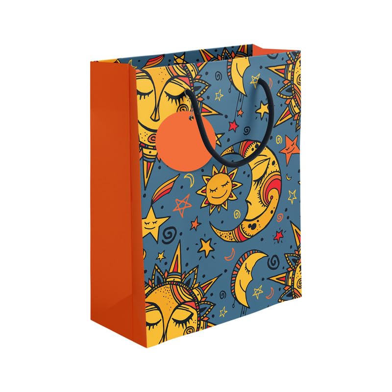 PaperPep Blue Yellow Sun Moon PrintGift Paper Bags | Small (9"X7"X4" inches) | Attached gift tags, Ideal for Return Gifts, Weddings, Birthday & Celebrations | Pack of 6 - Image 1