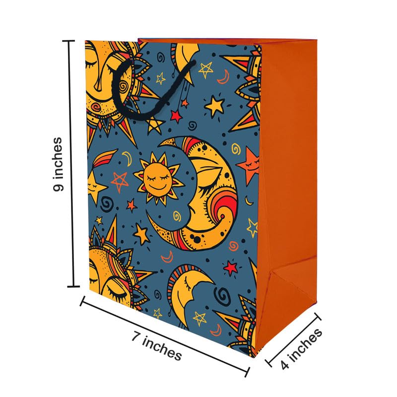 PaperPep Blue Yellow Sun Moon PrintGift Paper Bags | Small (9"X7"X4" inches) | Attached gift tags, Ideal for Return Gifts, Weddings, Birthday & Celebrations | Pack of 6 - Image 3
