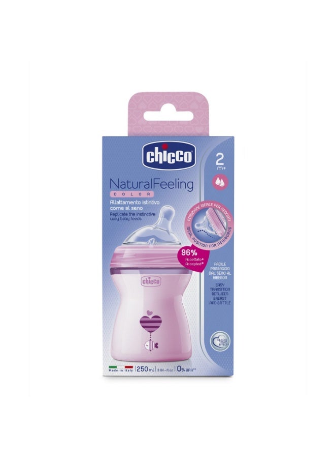 Chicco Natural Feeling 250ml Baby Milk Feeding Bottle with Wide Neck, Anti-Colic for Easy Milk Flow, for Babies & Toddlers 2m+ (Pink) - Image 2