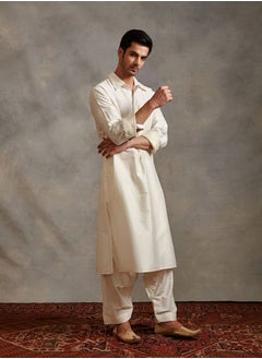 Abhishti Banarasi collared kurta with zari placket-Pearl white  - Image 3