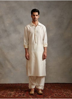 Abhishti Banarasi collared kurta with zari placket-Pearl white  - Image 1