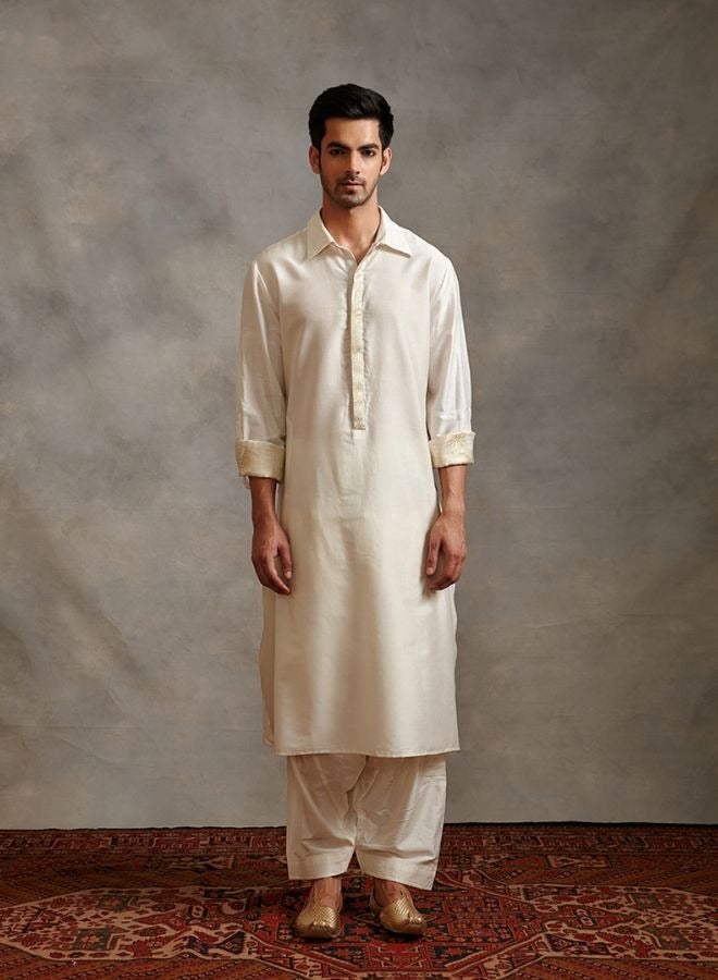 Abhishti Banarasi collared kurta with zari placket-Pearl white  - Image 1