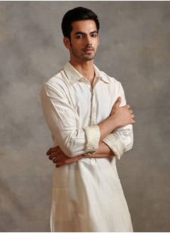 Abhishti Banarasi collared kurta with zari placket-Pearl white  - Image 2