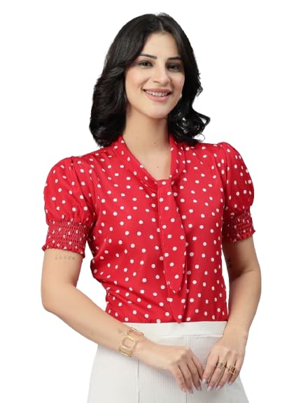 Style Quotient Women Polka Printed Red White Polycrepe Semi Formal Top - Image 1