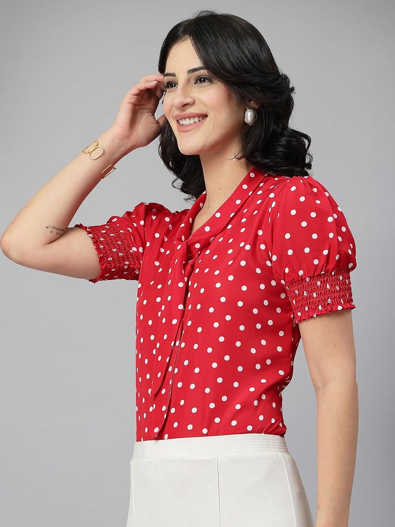 Style Quotient Women Polka Printed Red White Polycrepe Semi Formal Top - Image 3